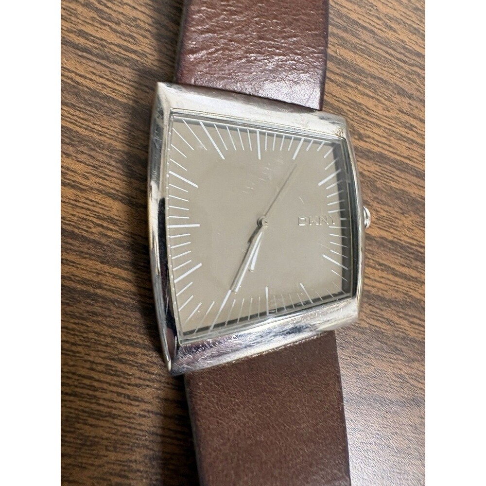 Vintage Y2K DKNY Minimalist Square Face Watch Case Brown Leather Strap Quartz